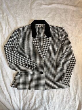 Black & White Houndstooth Blazer with Black Velvet Collar
